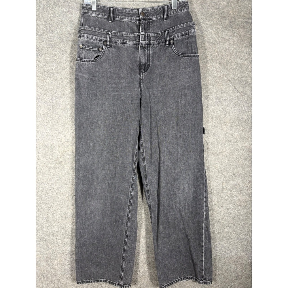 Tibi Womens Double Waistband Wide Leg Carpenter Jeans Washed Black Size 28